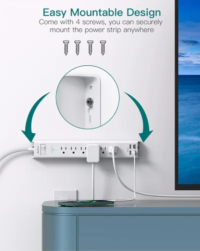 Vista 6 de Regleta protectora contra sobretensiones con USB C, cable de extensión de enchufe plano con 6 salidas de CA, 4 USB (2 USB C), montaje en pared, 5