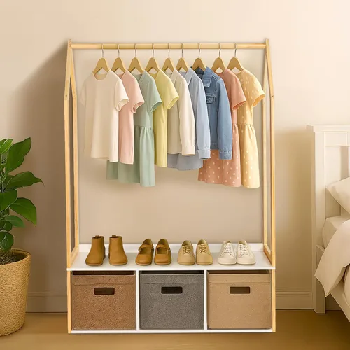 Vista 6 de Perchero de madera con almacenamiento, estantes de ropa independientes para colgar ropa perchero para dormitorio, entrada, sala de estar