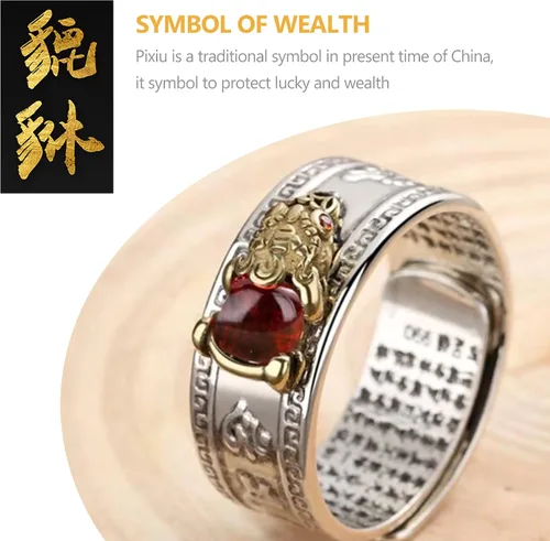 Vista 6 de EIELO Anillos budistas Pixiu de Feng Shui MANI Lucky Wealth Amuleto Mantra Doble Protección Riqueza Anillo para Hombres Mujeres Ajustable Granate
