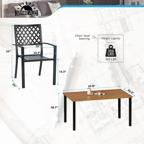 Vista 6 de SUNSHINE VALLEY Juego de comedor de patio de 7 piezas para 6, mesa de metal similar a la madera de 60 x 36 pulgadas con agujero para sombrilla y 6