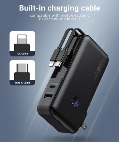 Vista 6 de QiSa Cargador Portátil, Banco de Energía, Banco de Energía de 16000mAh con Enchufe de Pared AC Incorporado y Cables, Cargador Rápido PD 30W y QC4.0