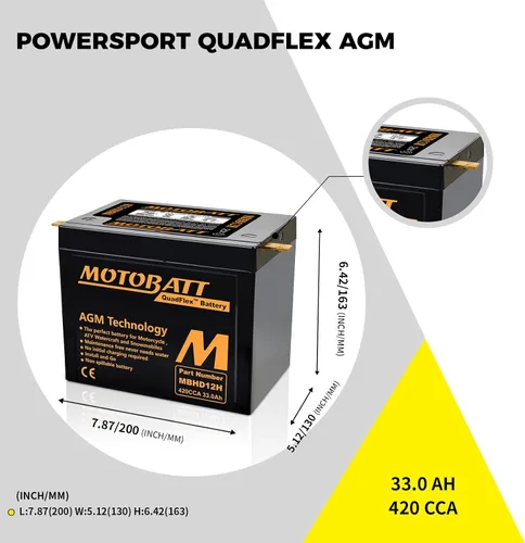 Vista 4 de MotoBatt Reemplazo de batería AGM sellada MBHD12H de 12 voltios y 33 Ah - YHD-12H