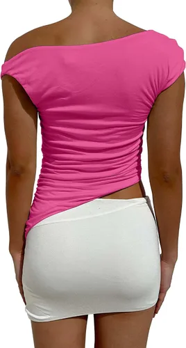 Vista 2 de LCHLINY Camiseta sin mangas con cuello drapeado asimétrico para mujer