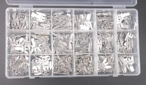 Vista 4 de ChangJin - Una caja de 180 dijes de ángeles de metal plateado envejecido para hacer joyas en almacenamiento (7 estilos), Metal, No es una piedra