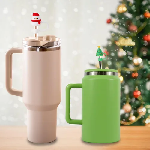 Vista 2 de Avky 4 tapas de paja de Navidad para copa Stanley, 0.394 in, 0.4 pulgadas, accesorios de Navidad con vaso de 30 y 40 onzas con asa, a prueba