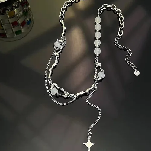 Vista 23 de Y2k - Collar irregular con dije de estrella, piedra de luna, diseño de cadena de moda, joyería de plata picante para mujer