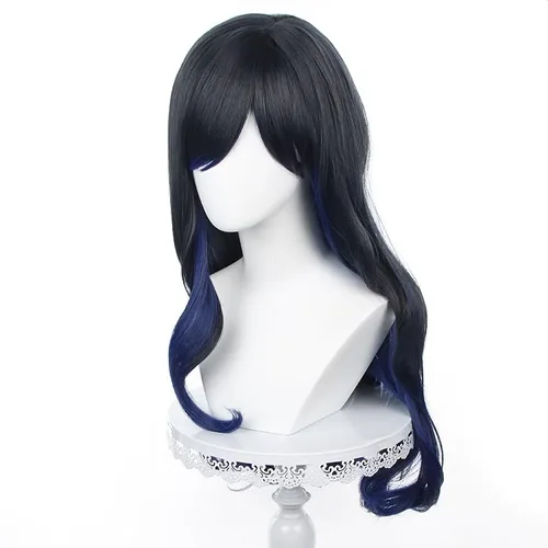 Vista 3 de Pelucas largas de cabello negro y azul mezclado con flequillo para fiesta de Navidad de Halloween para mujeres