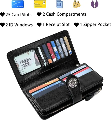 Vista 3 de Travelambo Cartera de mujer con bloqueo RFID para tarjetas de crédito, cartera de cuero de gran capacidad