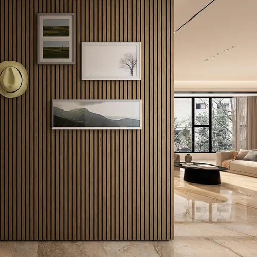 Vista 6 de 4 paneles de pared de listones de madera acústica 3D, absorción de sonido con cancelación de ruido, decoración de pared interior de teca natural