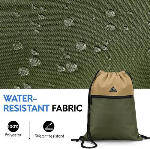 Vista 3 de Haimont Mochila con cordón para hombres y mujeres, bolsa de cuerda deportiva resistente al agua con bolsillo húmedo, viaje de día y natación, caqui