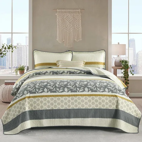 Vista 9 de DDUOXIN Edredón 100 % algodón, tamaño Queen, moderno, botánico, con 2 fundas de almohada, colcha con estampado floral a rayas, juego de ropa de cama