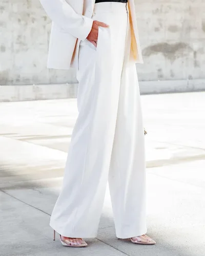 Vista 2 de Kocowoo Women Casual Wide Leg Pants Button Down Straight Long Trousers Pants Elastic High Waist Dress Pants for Women