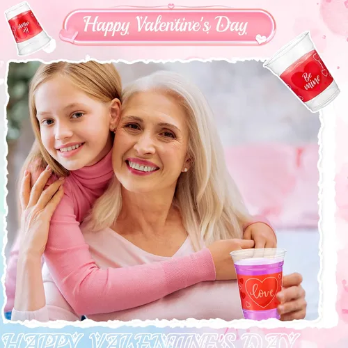 Vista 6 de Meanplan 100 vasos de plástico de San Valentín de 12 onzas a granel, vasos de San Valentín a granel, vasos de corazón rosa, suministros de fiesta