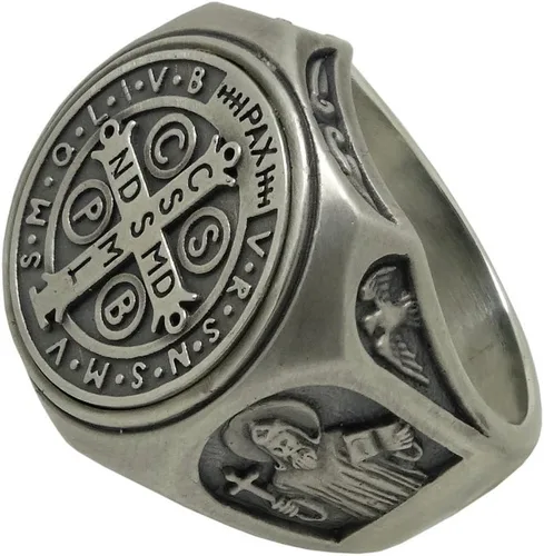 Vista 3 de Anillo de plata de ley 925 de San Benito para hombre, exorcismo católico cristiano, protección demoníaca
