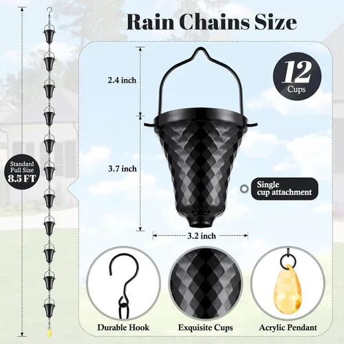 Vista 2 de Cadenas de lluvia para canaletas exteriores con recubrimiento de polvo negro, desviador de lluvia de metal, decoración para exteriores, 8.5 pies