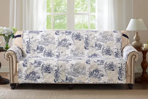 Vista 25 de Brilliant Sunshine Blue Toile Funda Acolchada con Quilted para Silla, 23 pulgadas de Ancho de Asiento, Protector de Muebles Antideslizante, Correa