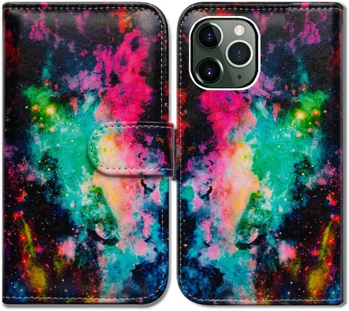 Vista 24 de Bcov Funda para iPhone 11 Pro Max, diseño de pájaro negro y verde con tapa de cuero con ranura para tarjeta de crédito, soporte para tarjeta