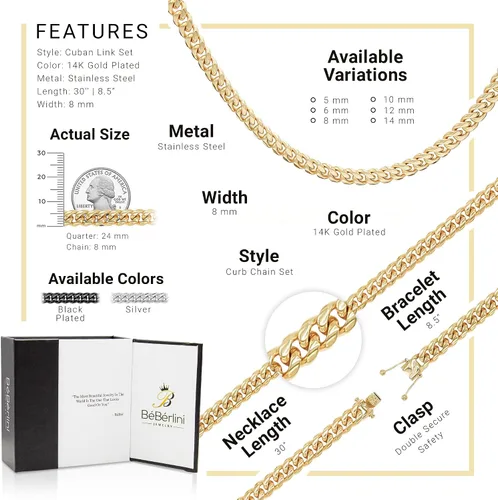 Vista 3 de BEBERLINI Cuban Link Chain 14K Gold Plated Curb Customizable Necklace 30 Bracelet 85 9 Stainless Steel Fashion Jewelry Set For Men 6 mm - 14 mm