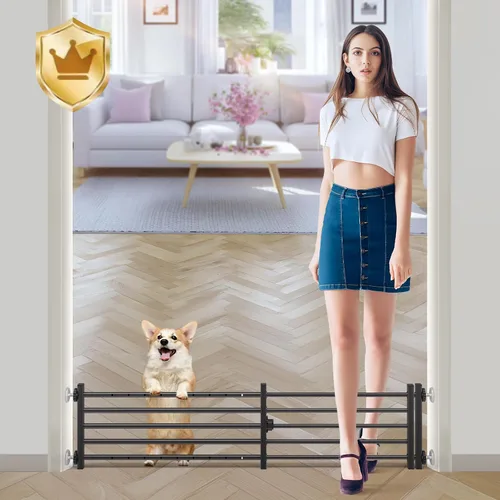 Vista 19 de Malier Puerta de interior para perros con puerta, puerta extra ancha de metal para mascotas, puerta corta para perros para escaleras, montaje a