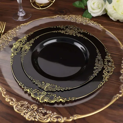 Vista 9 de Efavormart - Paquete de 10 platos de postre barrocos negros y dorados de 8 pulgadas, platos de aperitivo resistentes con borde metálico en relieve