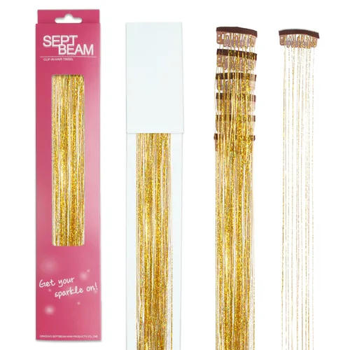 Vista 5 de Extensiones de oropel para el cabello con clip Bronce con reflejos para el cabello 52 cm 6 piezas, cabello de hada multicolor, oropel sintético