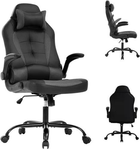 Vista 10 de Silla ergonómica para juegos con reposacabezas ajustable y soporte lumbar, cómoda silla de oficina de piel sintética con respaldo alto para adultos
