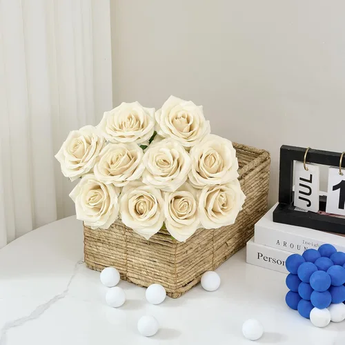 Vista 3 de 10 rosas artificiales abiertas, tallos de rosas artificiales para arreglos de boda, ramo de novia, centro de mesa, flores de seda sintética falsas