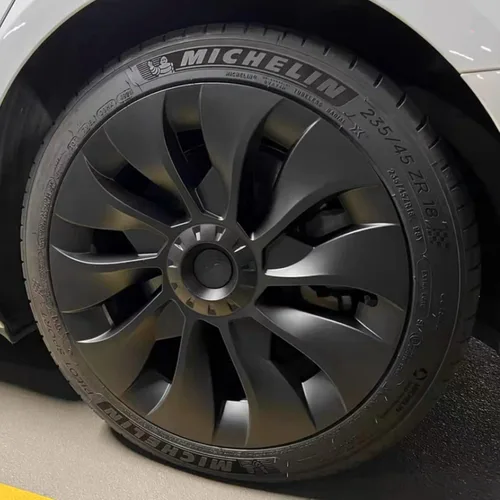 Vista 9 de KAVANIC 4 piezas de tapacubos para Tesla Model 3, cubiertas de rueda de 18 pulgadas, tapa de rueda mate negra con logotipo de estilo arácnido