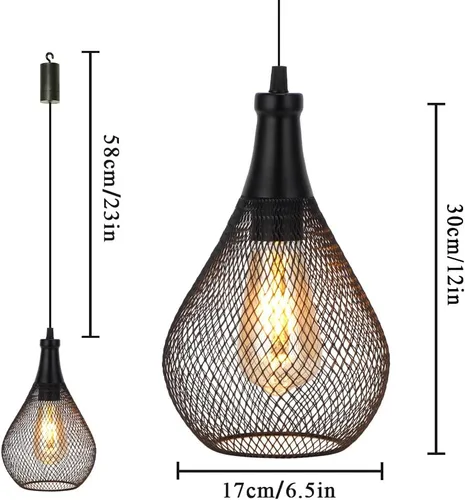 Vista 2 de JHY DESIGN - Juego de 2 lámparas colgantes con jaula metálica, lámparas inalámbricas que funcionan con pilas, luz colgante con temporizador de 6