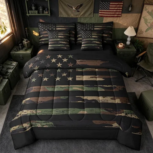 Vista 30 de Feelyou Juego de edredón botancial de camuflaje con bandera estadounidense Negro Marrón Oscuro