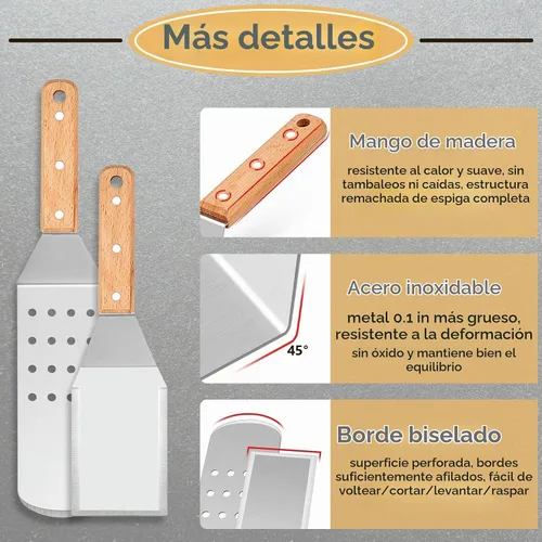 Vista 3 de HaSteeL - Juego de 4 espátulas de metal de acero inoxidable con mango remachado de madera, kit de accesorios de parrilla profesional para teppanyaki