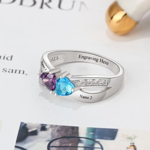Vista 6 de Personalized 2 Simulated Birthstone Rings for Women Mothers Ring with Names Custom Promise Rings for Women