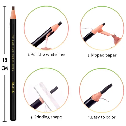 Vista 2 de Juego de 6 piezas de lápices de cejas impermeables de color negro para tatuajes y microblading, delineadores permanentes para cejas en lápices