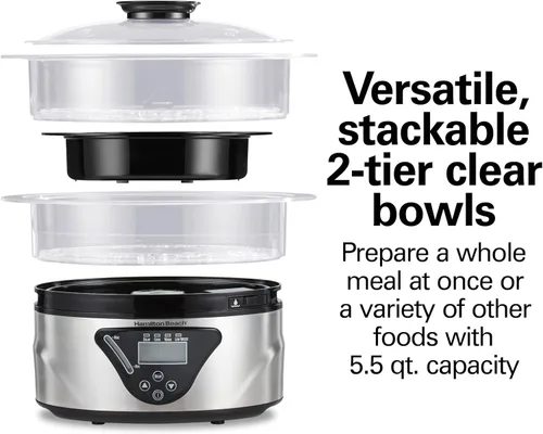 Vista 3 de Hamilton Beach - Vaporizador de alimentos eléctrico digital y arrocera para cocina rápida y saludable de verduras y mariscos, tazones apilables
