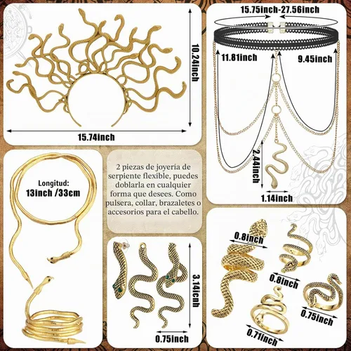Vista 3 de Chicingyou Juego de 10 disfraces de Halloween de Medusa, accesorios de joyería de serpiente dorada para mujer, con capa larga con capucha, capa