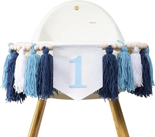 Vista 5 de Cartel de primer cumpleaños para silla de bebé, pancarta temática de borla azul para niño, pancarta de fiesta de primer cumpleaños, corona de madera