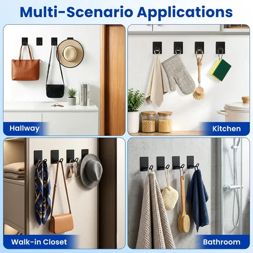 Vista 5 de Adhesive Hooks Heavy Duty, Long Stainless Steel Wall Towel Holder Black Double-tube