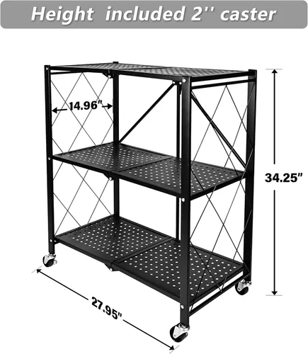 Vista 3 de HealSmart Estantería de metal plegable de 3 niveles con ruedas, estantes organizadores para garaje y cocina con capacidad de hasta 750 libras