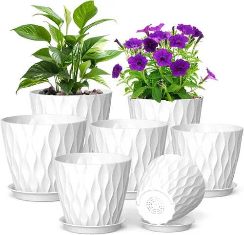 Vista 23 de Meowell Macetas pequeñas de plástico de 4 pulgadas, macetas de plántulas, juego de 5 macetas de ondas de agua para plantas de interior, macetas