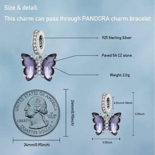 Vista 4 de Dijes de mariposa para pulseras dijes colgantes de plata de ley 925 para pulseras y collares con circonitas cúbicas multicolor 5A cumpleaños día