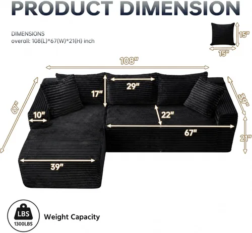 Vista 2 de Sofá modular de nube seccional de 108 pulgadas para sala de estar, asiento profundo en forma de L, sofá sin hueso con diván de gran tamaño, cómodo