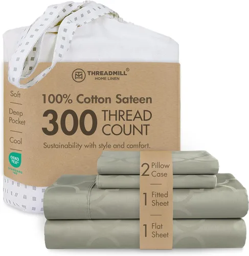 Vista 16 de Threadmill Juego de sábanas de algodón Twin Sábanas 100% algodón para cama tamaño Twin Juego de sábanas de satén jacquard damasco con bolsillo