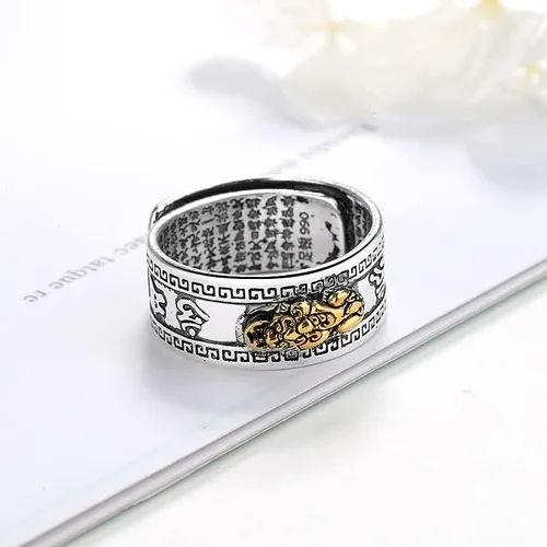Vista 2 de Anillo vintage de plata Feng Shui Pixiu para mujeres y hombres, grabado textos budistas, alivio máximo, sapo dragón, Pixiu, camafeo, riqueza, buena
