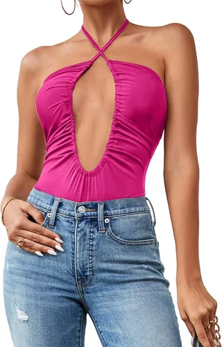 Vista 4 de LYANER Leotardo sin mangas con cuello halter cruzado para mujer