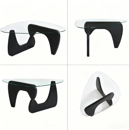 Vista 5 de Mesa de centro moderna para sala de estar, mesa central negra minimalista de 35.8 pulgadas con vidrio templado triangular y patas sólidas