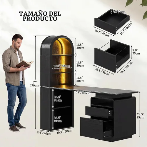Vista 3 de YITAHOME Escritorio para computadora de 59 pulgadas con luces LED y tomas de corriente, escritorio de oficina en casa con estantería, cajón de Negro