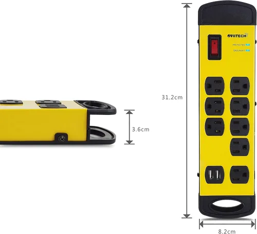 Vista 4 de Oviitech Tira de alimentación de metal resistente con 8 salidas de protección contra sobretensiones con 2 puertos de carga USB (2.4A), 1800 julios