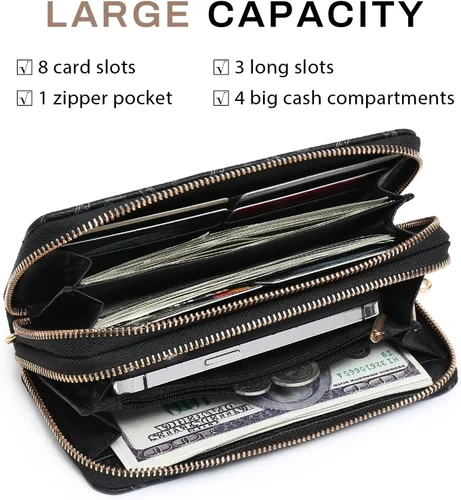 Vista 4 de Dasein Cartera con bloqueo RFID para mujer, bolsa de mano de gran capacidad, funda para teléfono con correa para la muñeca, Ds-negro, Cartera