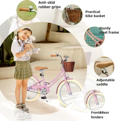 Vista 3 de Bixike Bicicleta de diseño retro para niñas con cesta y freno de posavasos para niños de 3 a 13 años, bicicleta de crucero de 14, 16, 18 pulgadas