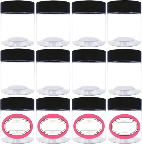 Vista 7 de Paquete de 12 tarros de plástico de 4 onzas, recipientes de almacenamiento transparentes de boca ancha con tapas negras, tarros de plástico